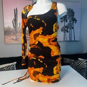 Molten Print One-Shoulder Mesh Sleeve Ruched Mini Dress M